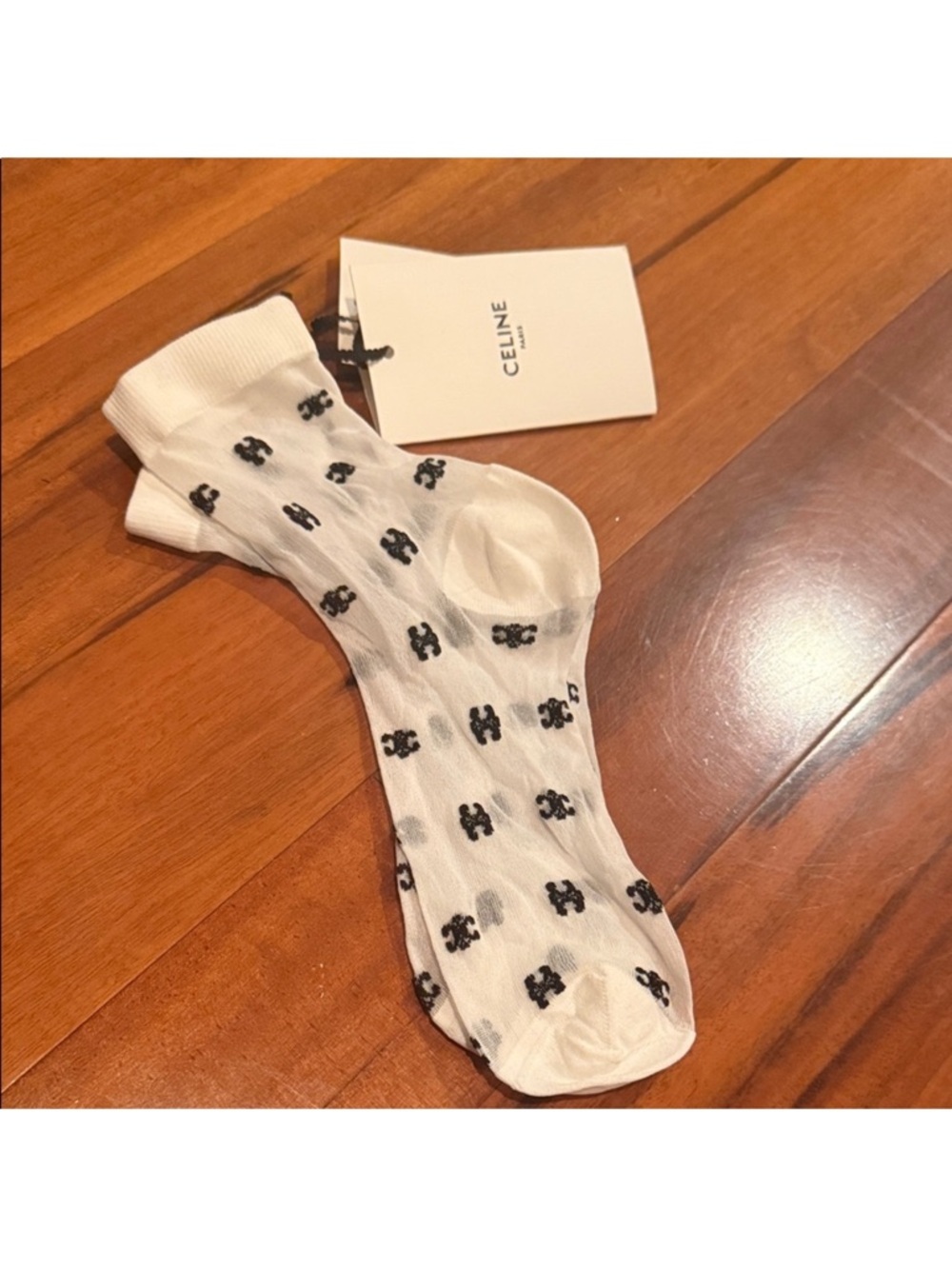 Celine White Crew Socks with Black Logo Motif
